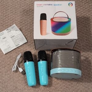 Smart Portable Speaker with Microphones Karaoke - Black and Blue NWT